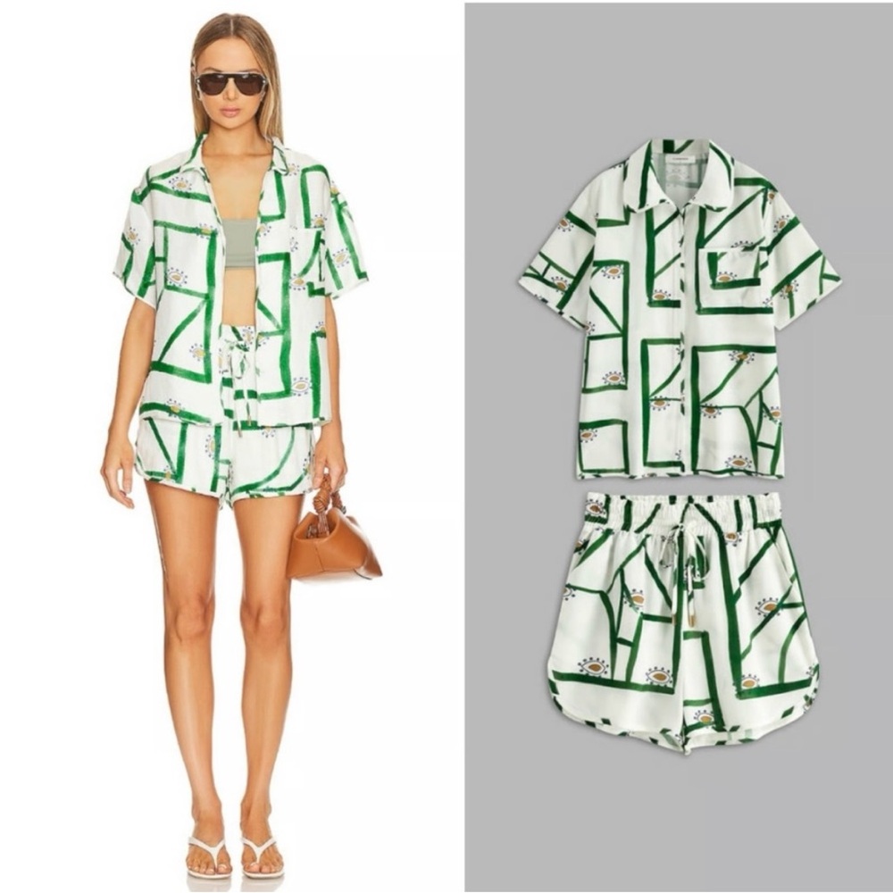 Commense White and Green Short Pajama Set with Abstract Grid Print
